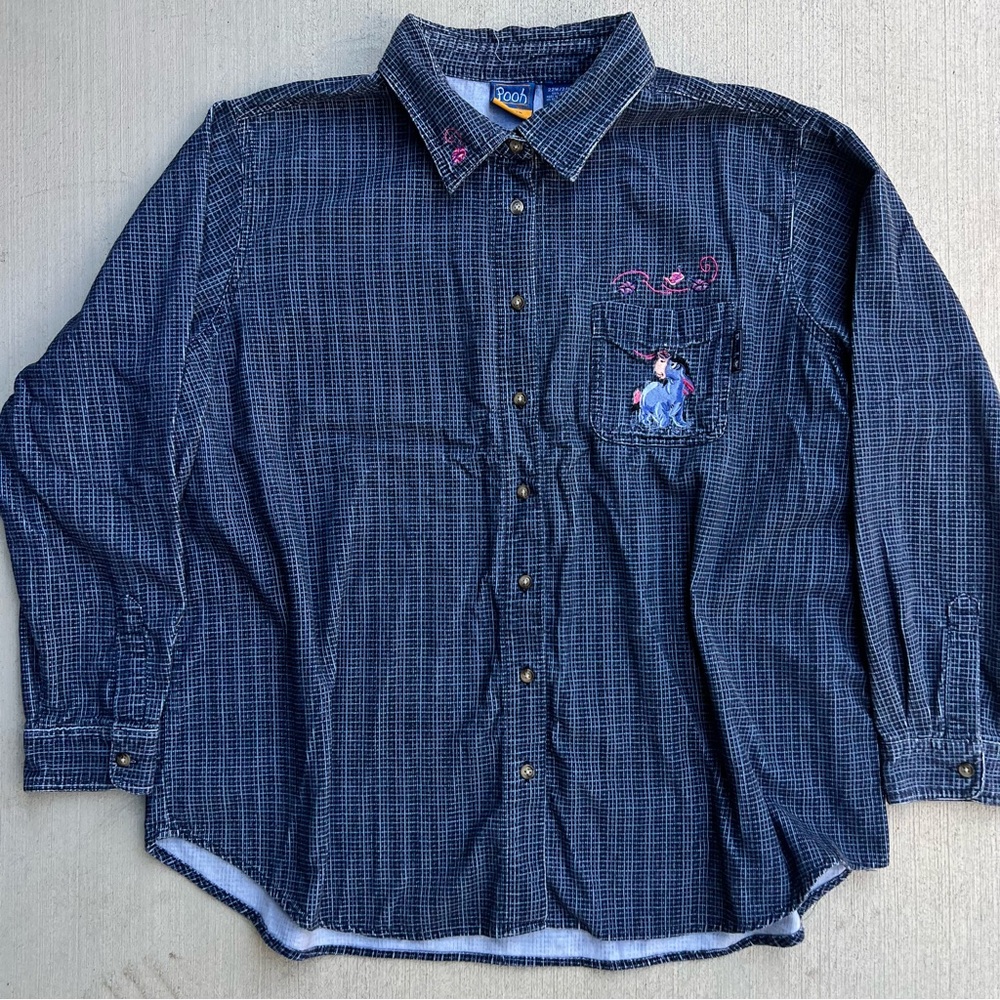 Vintage 90s Disney Pooh Eeyore Embroidered Button Up Shirt Blue 22/24W 2XL